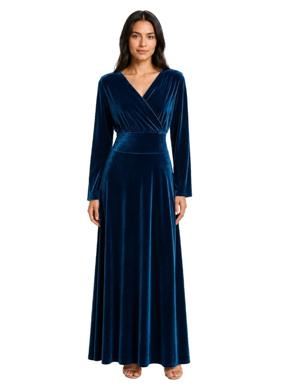 Urban Coco XL Teal Velvet Maxi Dress Long Sleeve V Neck Formal Evening Gown